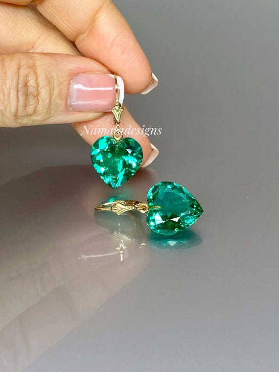 Colombian Emerald Heart Earrings, October Birthstone, Heart Dangle Earrings, Emerald Jewelry For Women, Christmas Gift.