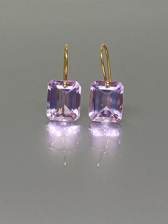 14K Gold Dangle Kunzite Earrings (30 ct), Statement Earrings, Rectangle Earrings, Kunzite Jewelry Gift For Her, Valentines Gifts