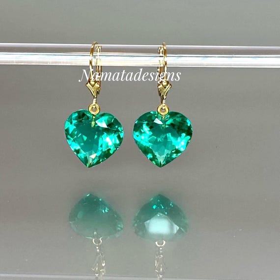 14K Gold Colombian Emerald Heart Earrings, October Birthstone Gift, Emerald Jewelry  For Her