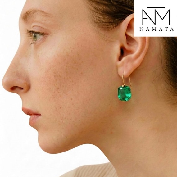 14K/18K Gold Colombian Emerald Dangle Drop Earrings, Green stone Earrings, Statement Earrings, Emerald Jewelry, October Birthstone.