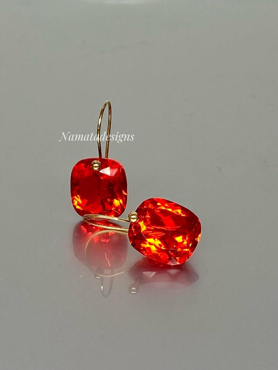 14/18K Gold Fire Opal Dangle Earrings, Orange Opal Drop Earrings, Mexican Opal Earrings, October Birthstone Gift.
