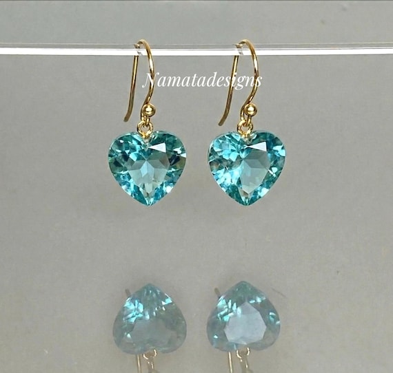 14K / 18K Gold Aquamarine Heart Drop Earrings, Blue Heart Dangle Earrings, March Birthstone Jewelry, Romantic Gift for Her
