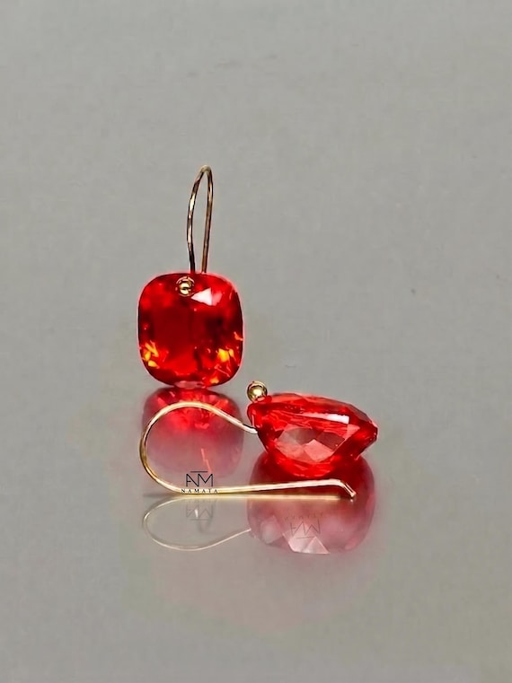 14K Gold Fire Opal Dangle Earrings, October Birthstone, Orange Red Gemstone