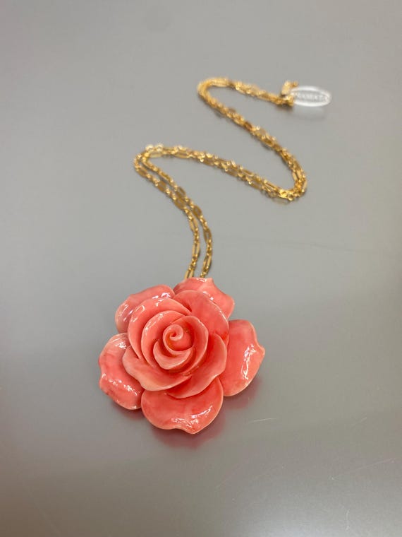 Rose Necklace, Carved Flower Pendant, Large Floral Pendant, Romantic Statement Necklace, Handmade Shell Jewelry