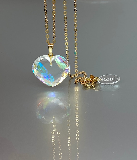 14K Solid Gold Rainbow Mystic Topaz Heart Pendant Necklace (24 ct), Layering Necklace,  Mercury Mystic Topaz Jewelry,  Large Heart necklace
