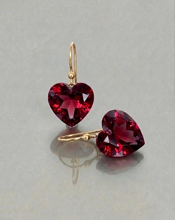Elegant Red Ruby Heart Earrings in Gold or Silver - Perfect Dangle Earrings for Her | Romantic Jewelry Gift.