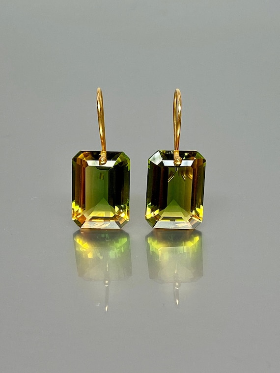 14K Gold Rectangle Green Yellow Ametrine Earrings (32 ct), Bicolour Ametrine Earrings, Statement Earrings, ONE OF A-Kind Earrings.