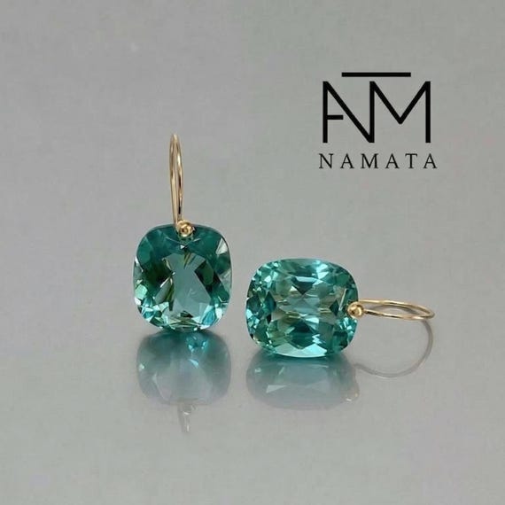 14K Gold Paraiba Tourmaline Rectangle Earrings, Ocean Blue Drops, Minimalist Birthstone Wedding Jewelry