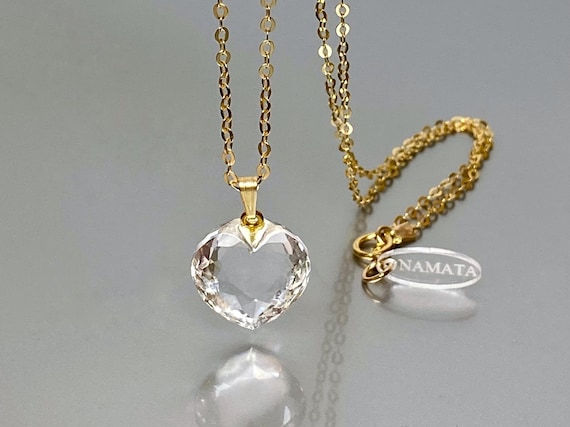 14K Gold Natural Rock Crystal Heart Pendant Necklace, Small Heart Necklace, Clear Crystal Pendant, Gift For Her Birthday.