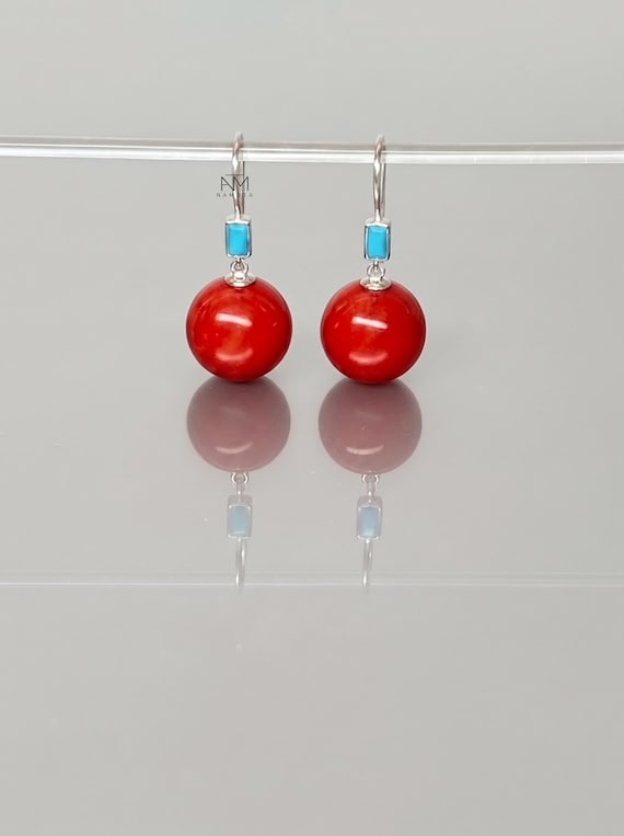 14K Gold Red Natural Coral And Turquoise Sphere Earrings, Small Earrings, Globe Earrings, Ball Earrings, Coral Jewelry Gift For Her.