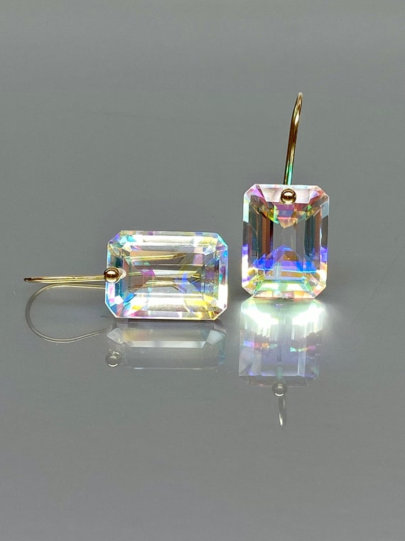 14K Solid Gold Rectangle Rainbow Mystic Topaz Earrings (34 ct), Mercury Mystic Topaz, Statement Earring, Mystic Topaz Jewelry Gift For Her