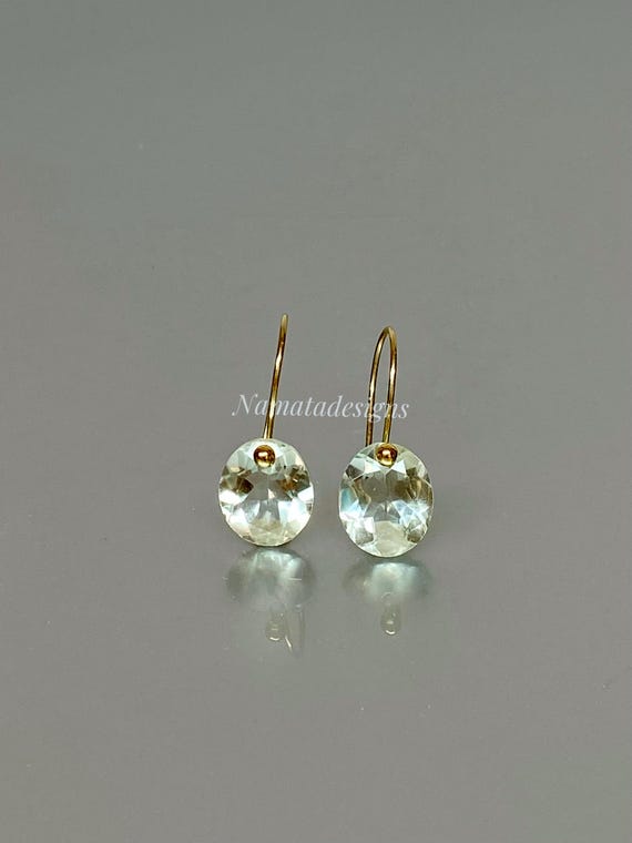 14K Natural Green Amethyst Dangle Earrings, Prasiolite Earrings, February Birthstone, Small Earrings, Holiday Gifts For Her.
