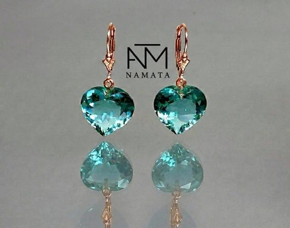 14K/18K Gold Paraiba Tourmaline Heart Earrings, October Birthstone, Blue-Green Heart Earrings, Tourmaline Jewelry Gift For Her.
