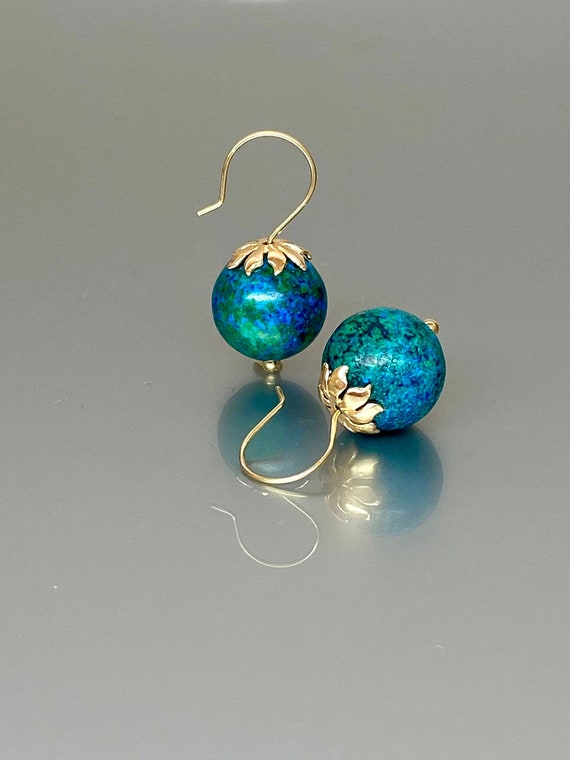 Natural Blue Green Chrysocolla Globe Earring, ONE OF A-KIND Earrings, Chrysocolla Jewelry, Malachite Jewelry