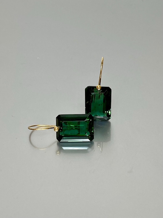 14K Gold Rectangle Green Tourmaline Dangle Earrings (35 ct), statement earrings, Green Stone Earrings,  Tourmaline Jewelry Gift.