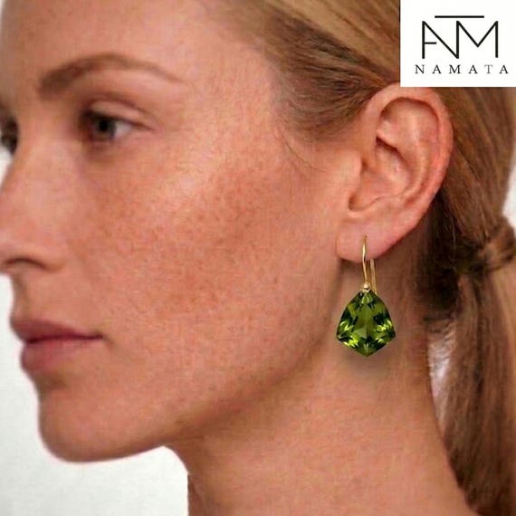 14K/18K Gold Peridot Dangle Earrings, August Birthstone, Green Stone Jewelry