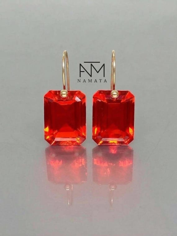 14K/18K Gold Fire Opal Dangle Earrings: Red-Orange Mexican Opal, October Birthstone Gift