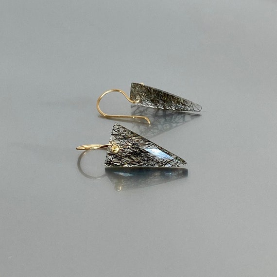 14K Solid Gold Natural Black Rutile Earrings, ONE OF A-KIND, Small Earrings, Rutile Jewelry Gift For Her.