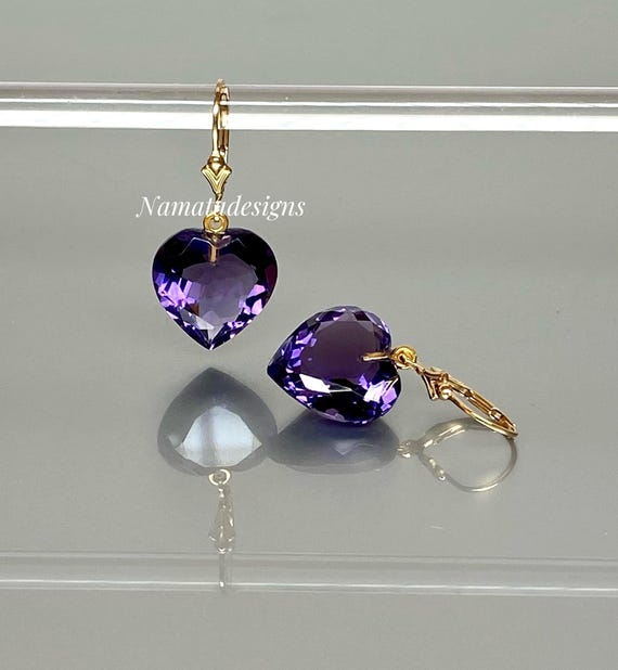 Amethyst Heart Drangle Earrings, Small Heart Earrings, Purple Stone Earrings,  February Birthstone, Amethyst Jewelry Gift