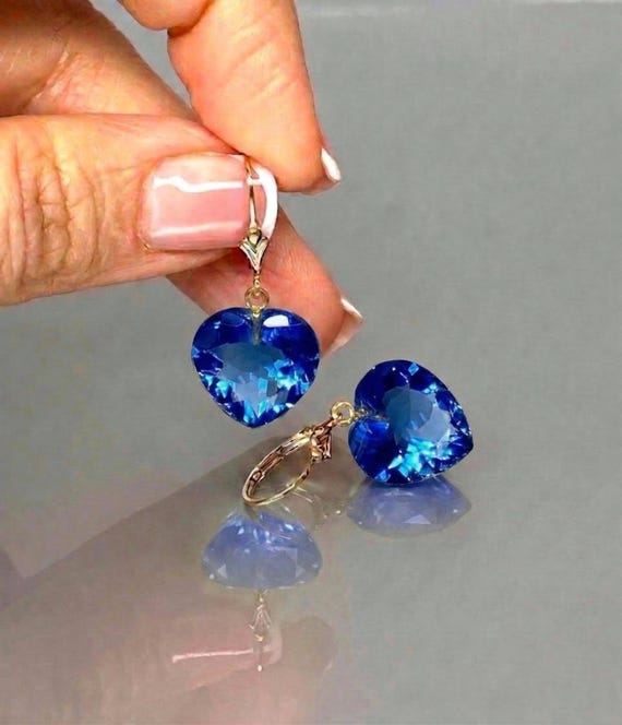 Tanzanite Heart Earrings in 24K Gold, Faceted Blue Violet Gemstone Dangle Earrings, December Birthstone Jewelry, Elegant Gift for Her