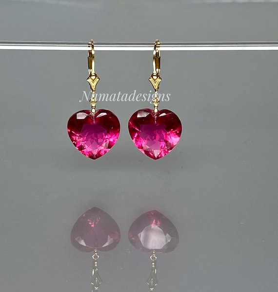 14K Gold Pink Tourmaline Heart Dangle Earrings