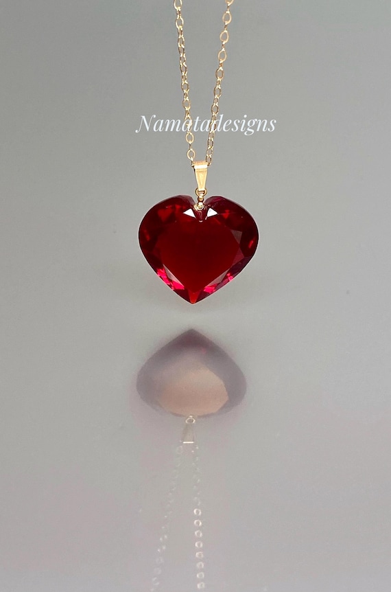 14K Gold Ruby Heart Necklace(17ct), Large Heart Pendant, Red Heart Pendant, Birthstone Necklace, Ruby Jewelry Gift For Her, Christmas Gifts