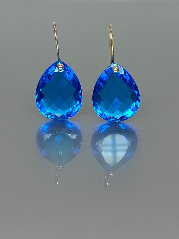 14K Gold Teardrop Swiss Blue Topaz Statement Earrings (50 ct), Swiss Topaz Jewelry Gift For Her.