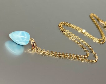 14K Gold Natural Larimar Pendant Charm, Larimar  Necklace, Layering Necklace, Dainty Necklace, Larimar Jewelry Gift For Her.