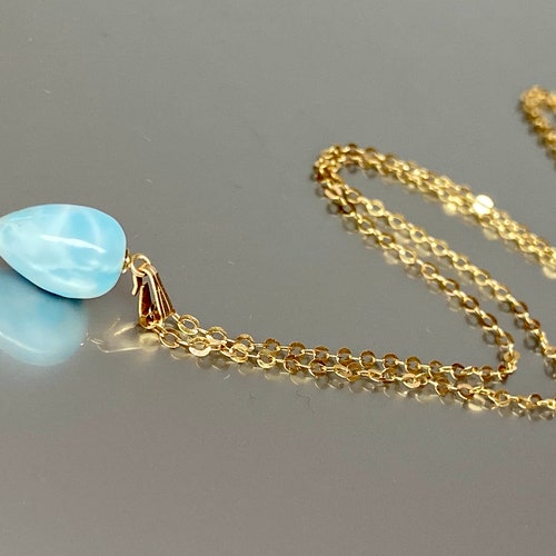 Dainty Larimar Pendant Gold Larimar Necklace Larimar Etsy