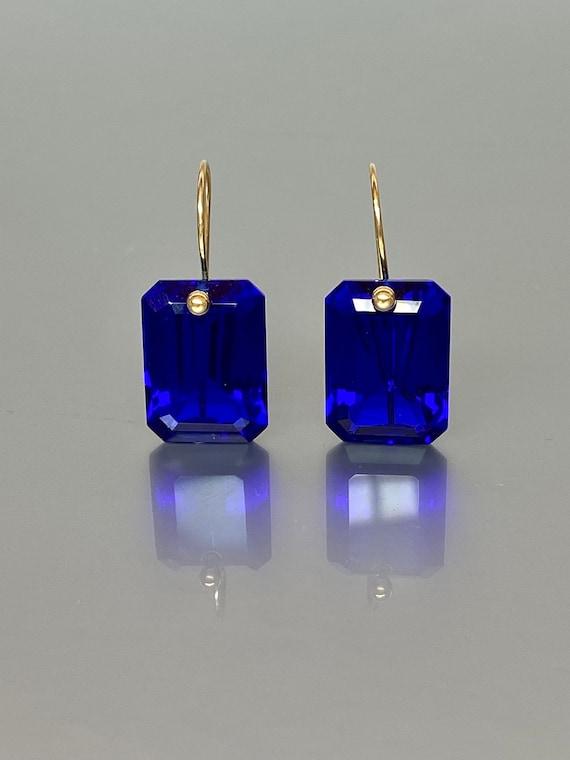 14K Gold  Rectangle Blue Sapphire Earrings (32 ct), Sapphire Dangle Earrings, September birthstone, Gift For Her, Valentines Gifts.