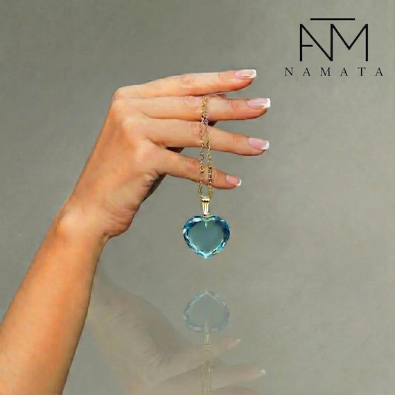 14K Gold Aquamarine Heart Necklace, Large Sky Blue Pendant