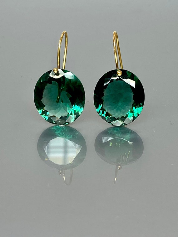 14K Gold Oval Green Amethyst Earrings, Statement Earrings, Green Stone Earrings, Amethyst  Jewelry Gift For Her.