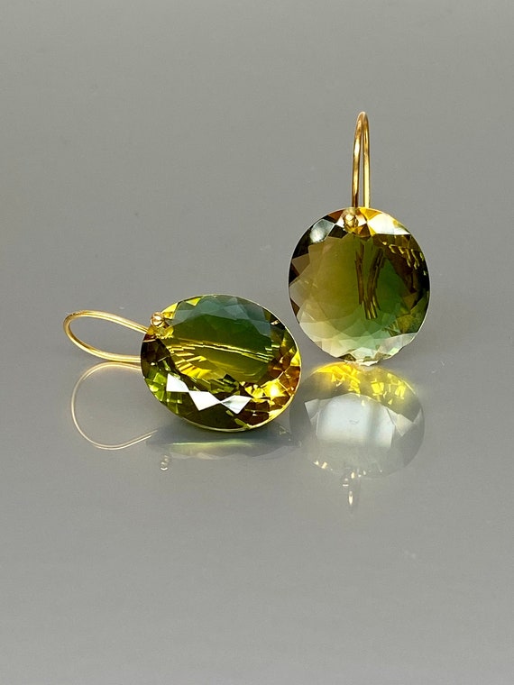 14K Gold Oval Green Yellow Ametrine Earrings (33 ct), Bicolor Ametrine Earrings, Statement Earrings, Valentines' Gifts