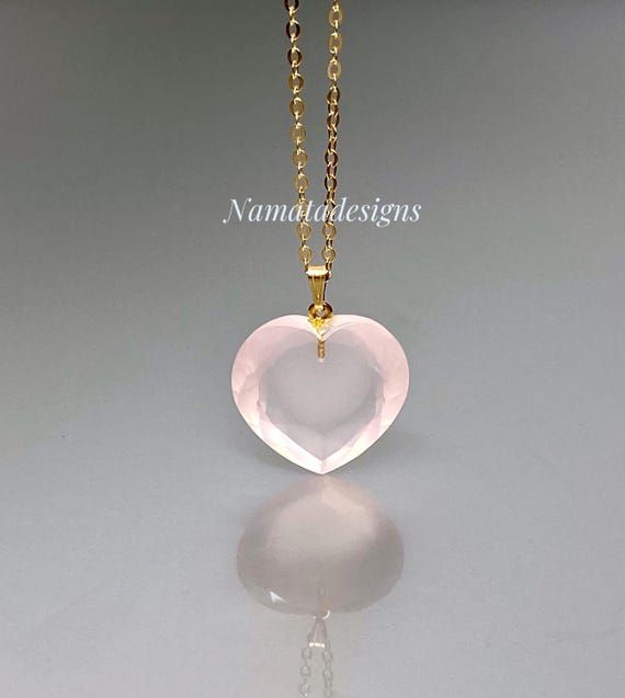 Natural Gold Rose Quartz Heart Necklace, Birthstone Earrings Gift, Rose Quartz Jewelry, Pink Crystal Pendant,  Gift For Her Birthday