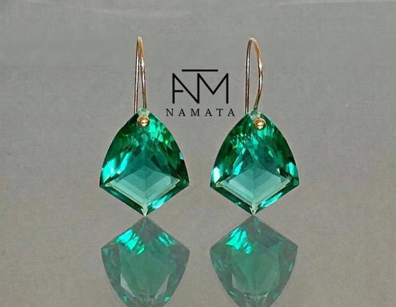 14K Gold Colombian Emerald Dangle Earrings: May Birthstone Jewelry