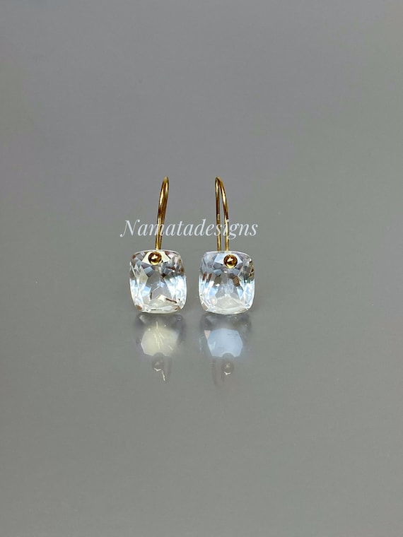 14K Gold Natural Rock Crystal Dangle Earrings, Rectangle Drop Earrings, Small Earrings, Birthstone Earrings Gift, Crystal Quartz Jewelry