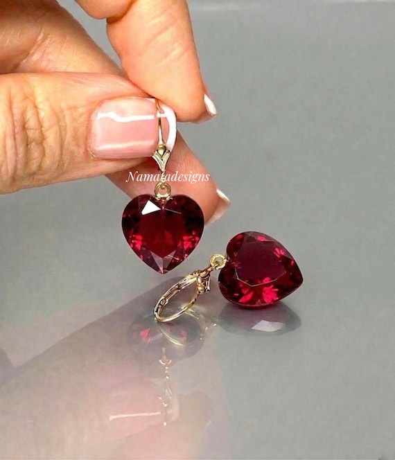 Red Ruby Heart Earrings in Gold Or Silver, Faceted Deep Red Gemstone Dangle Earrings, Elegant Romantic Jewelry Gift for Her
