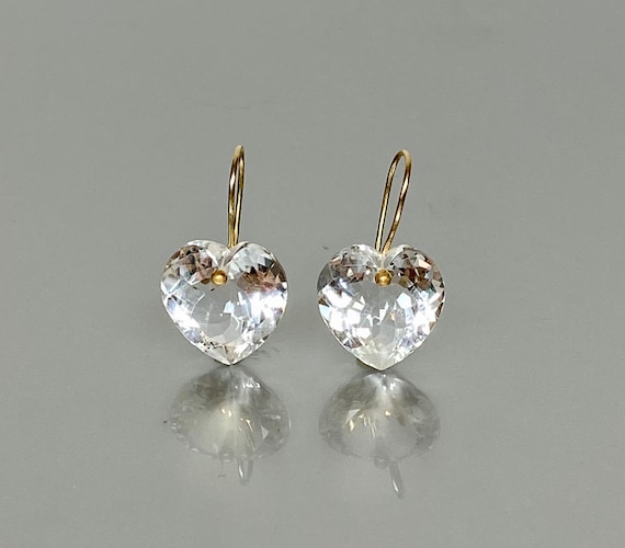 14K/ 18K Gold  Gold Natural Rock Crystal Heart  Earrings, Clear Heart Earrings, Minimalist Earrings, Bridal Earrings, Rock Crystal Jewelry