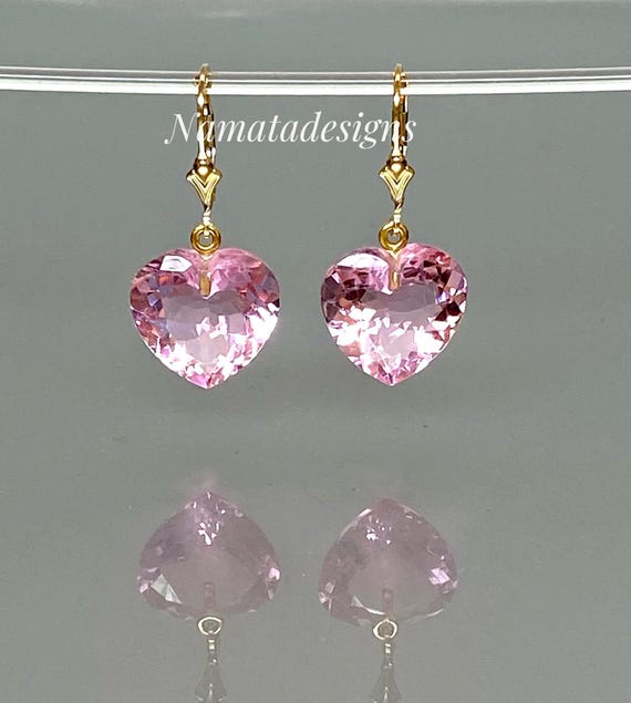 Pink Topaz Heart Earrings • 14K Gold Dangle • November Birthstone Jewelry • Gift for Her
