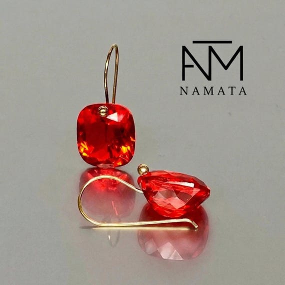 14K Gold Fire Opal Dangle Earrings, October Birthstone, Orange Red Gemstone