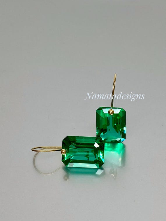14K Gold Colombian Emerald Dangle Earrings: May Birthstone Jewelry