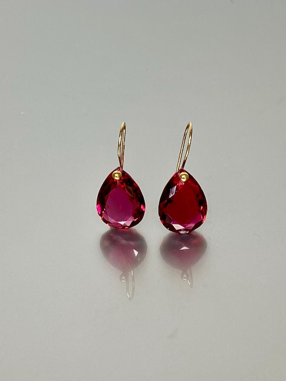 14K Gold Small Teardrop Pink Tourmaline  Earrings (50 ct), Red Stone Earrings, Red Topaz Earrings Topaz Jewelry Gift For Her.