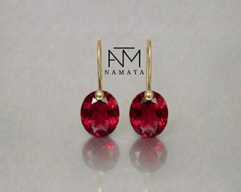 14K/18K Gold  Red Ruby Dangle  Earrings, Small Oval Earrings, October Birthstone, July Birthstone, Ruby Jewellery Gift For Her.