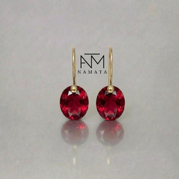 14K Solid Gold Oval Ruby Dangle Earrings, Minimalist Wine Red Gemstone Jewelry