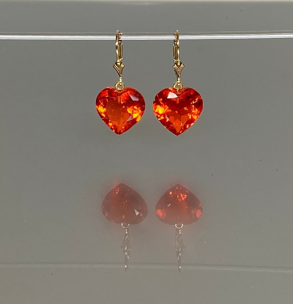 14K Gold Mexican Fire Opal Heart Earrings, Statement Earrings, October Birthstone, Orange stone Earrings, Opal Jewelry Valentine Gifts