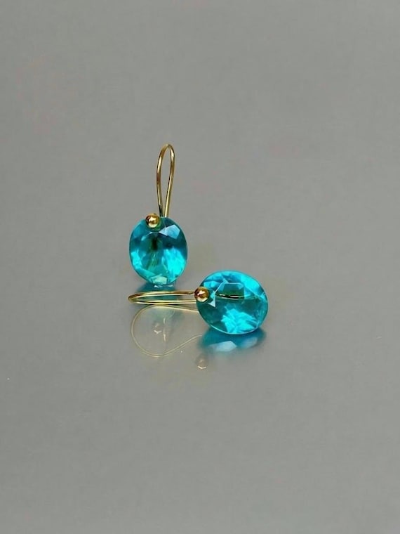 Paraiba Tourmaline Oval Dangle Earrings, Ocean Blue Earrings, Minimalist Wedding Jewelry