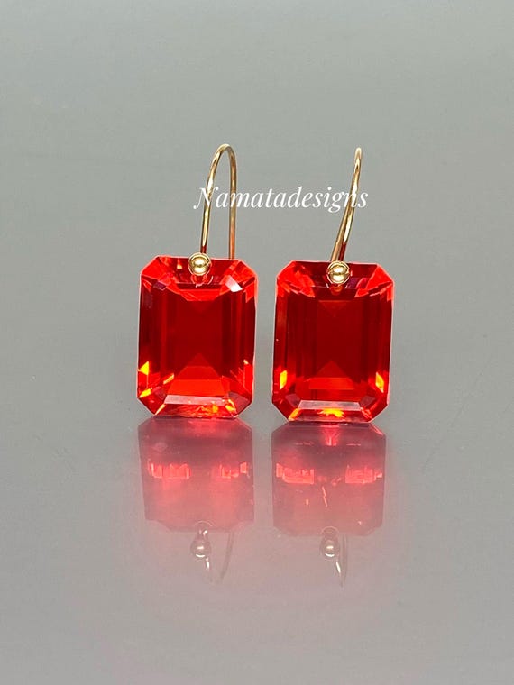 14K/18K Gold Fire Opal Dangle Earrings: Red-Orange Mexican Opal, October Birthstone Gift
