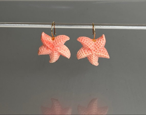 14K Gold Starfish Drop Earrings, Carved  Drop Earrings, Salomon Pink Stone Earrings, Handmade Jewellery By NAMATAdesigns.