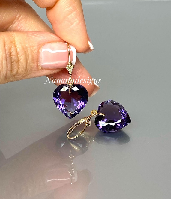 Amethyst Heart Dangle Earrings, Purple Stone Earrings,  February Birthstone, Amethyst Jewelry Gift