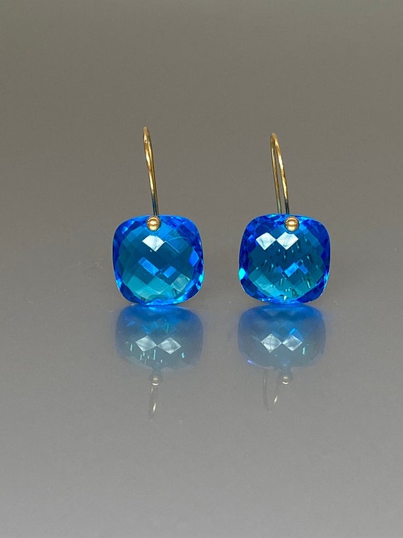 14K Gold Swiss Blue Topaz Earrings (25 ct), Blue Topaz Jewelry Gift For Her, Luxury Earrings.
